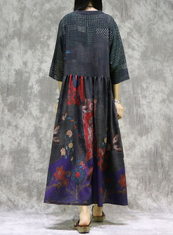 Vintage Print V-neck Belted Maxi Dress