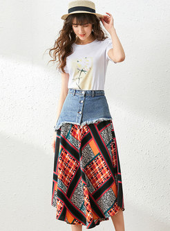 Print T-shirt & Denim Patchwork Belted Skirt