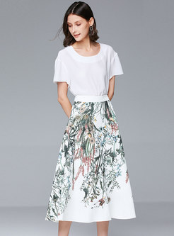 White Print High Waisted A-line Skirt