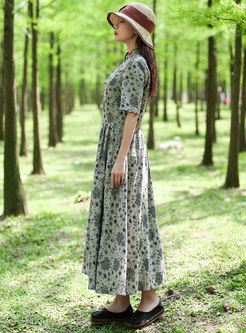 Retro Floral Stand Collar Linen Maxi Dress