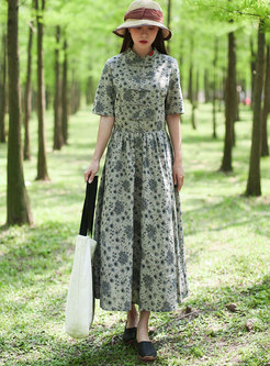 Retro Floral Stand Collar Linen Maxi Dress