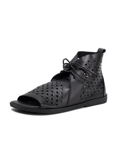 Genuine Leather Lace-up Openwork Sandals