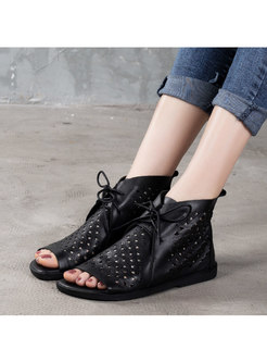 Genuine Leather Lace-up Openwork Sandals