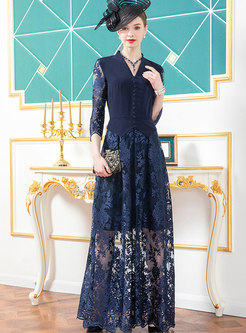 Lace Patchwork V-neck Openwork Maxi Dress