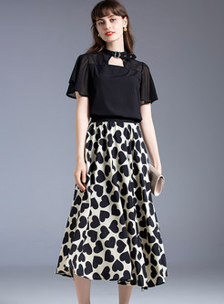 Stand Collar Chiffon Top & Print A-line Skirt