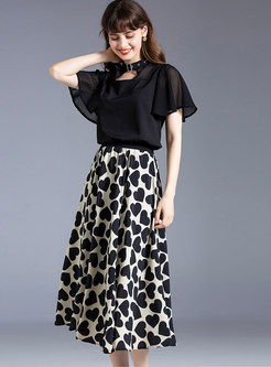 Stand Collar Chiffon Top & Print A-line Skirt