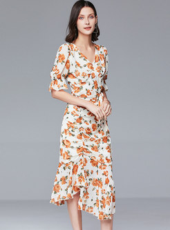 Print V-neck Tied Ruched Peplum Skirt Suits