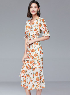 Print V-neck Tied Ruched Peplum Skirt Suits