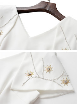 White V-neck Beaded Slit Bodycon Dress