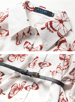 Butterfly Print Belted Asymmetric Shirt Dress