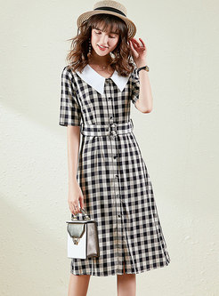 Plaid Single-breasted Belted A-line Dress