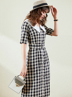 Plaid Single-breasted Belted A-line Dress