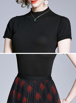 Stand Collar Knit Top & Plaid Mesh Skirt