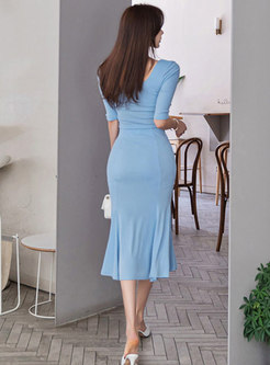 Square Neck Double-breasted Peplum Suit Dress
