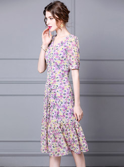 Floral V-neck Drawcord Peplum Dress