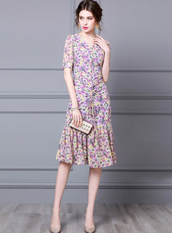 Floral V-neck Drawcord Peplum Dress