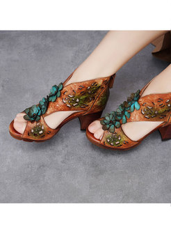 Peep Toe Chunky Heel Flower Sandals