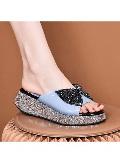 Color Block Bowknot Studded Heel Slippers