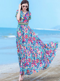 Chiffon Print Empire Waist Beach Maxi Dress