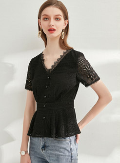 Lace V-neck Openwork Pullover Blouse