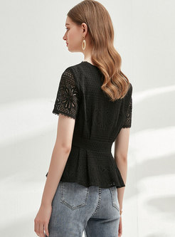 Lace V-neck Openwork Pullover Blouse