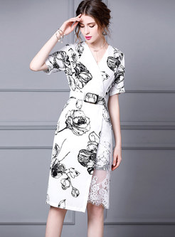 Print Lace Patchwork Belted Bodycon Dress