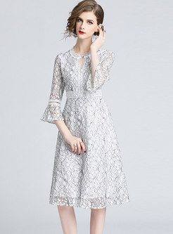 Flare Sleeve Lace Slim A-line Dress