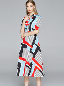 Color Block Striped Bowknot Midi Dress