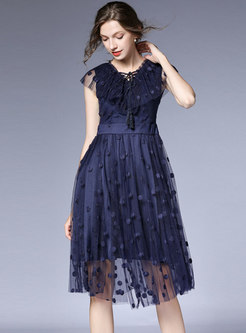 Tie-collar Mesh Embroidered Short Party Dress
