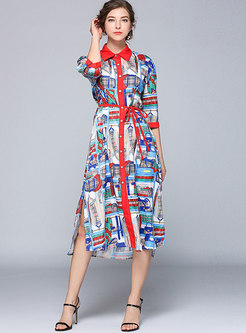 Color Block Tied Side-slit Shirt Dress