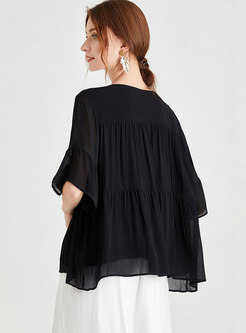 Crew Neck Ruched Silk Loose Blouse