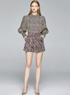 Leopard Stand Collar Belted Shorts Suit