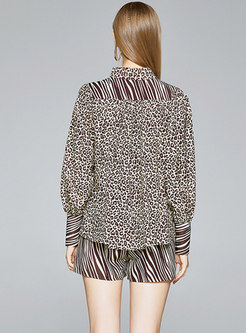 Leopard Stand Collar Belted Shorts Suit