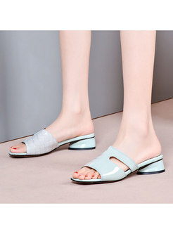Square Toe Patchwork Chunky Heel Slippers