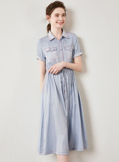 Denim Lapel Drawcord Slim Shirt Dress