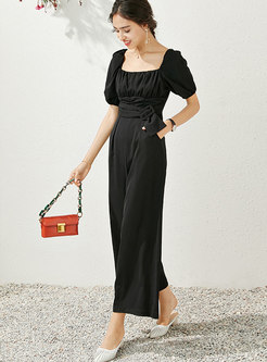 Square Neck Ruched Belted Jumpsuits