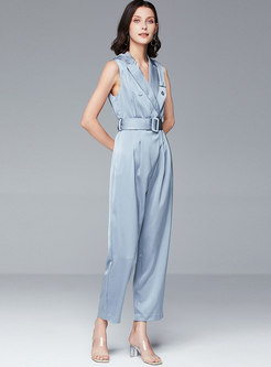 Wide Lapel Sleeveless Belted Jumpsuit