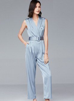 Wide Lapel Sleeveless Belted Jumpsuit