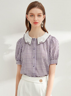 Plaid Doll Collar Embroidered Blouse