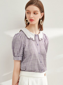 Plaid Doll Collar Embroidered Blouse