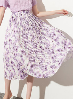Floral Elastic Waist Pleated A-line Skirt