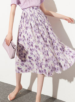 Floral Elastic Waist Pleated A-line Skirt