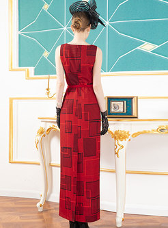 Geometric Print Sleeveless Bodycon Maxi Dress