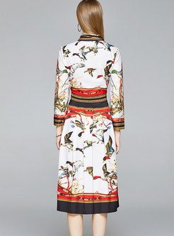 Vintage Print Gathered Waist Midi Dress