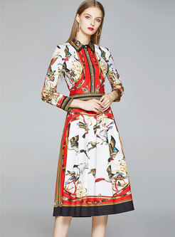 Vintage Print Gathered Waist Midi Dress