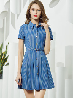 Striped Gathered Waist Single-breasted Skater Dress