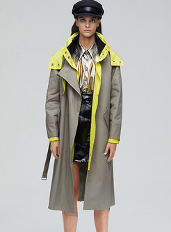 Color-blocked Hooded Tie Long Trench Coat