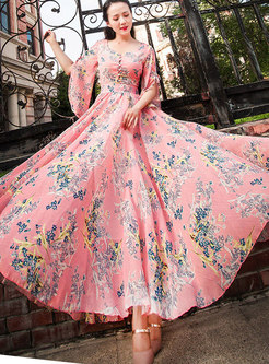 V-neck Print Big Hem Chiffon Maxi Dress