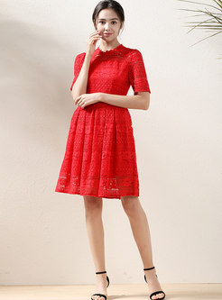 Red Mock Neck Open Lace Cocktail Dress