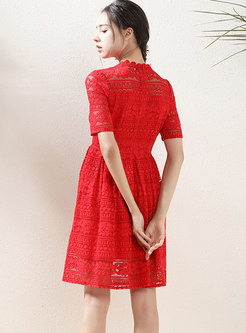 Red Mock Neck Open Lace Cocktail Dress